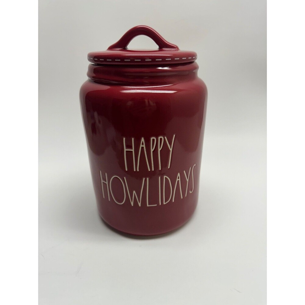Happy Howlidays Red Ceramic Dog Treat Jar Canister Christmas Holiday w Lid